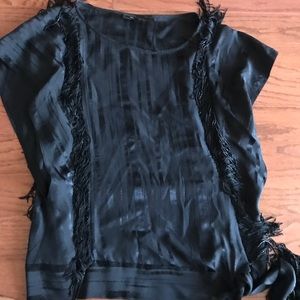 BCBG black dressy top wth side tie and fringe